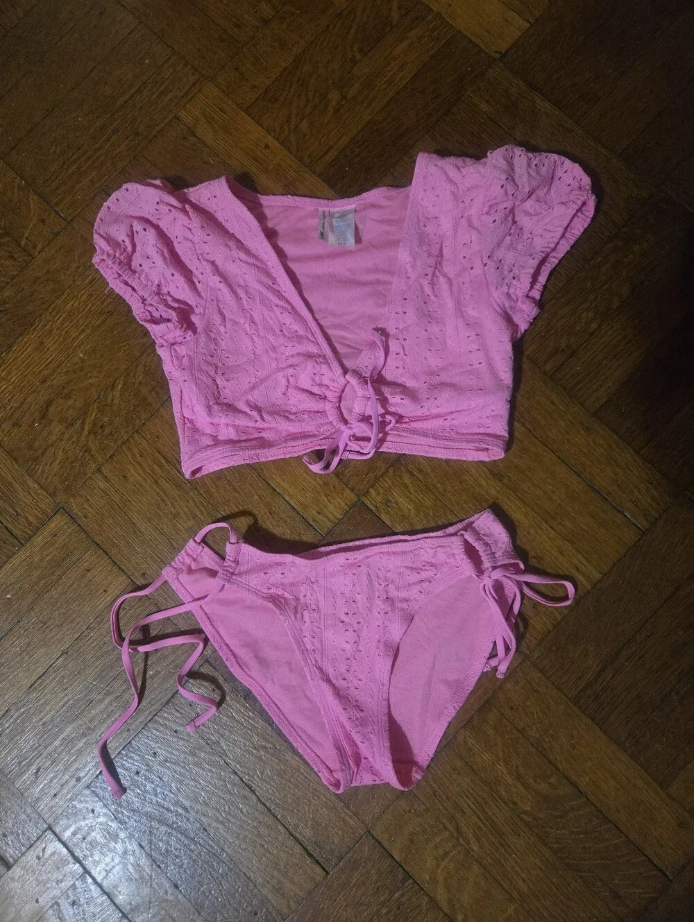 Pink Eyelet Tie-Front Bikini Set Crop Top Celebrity Pink